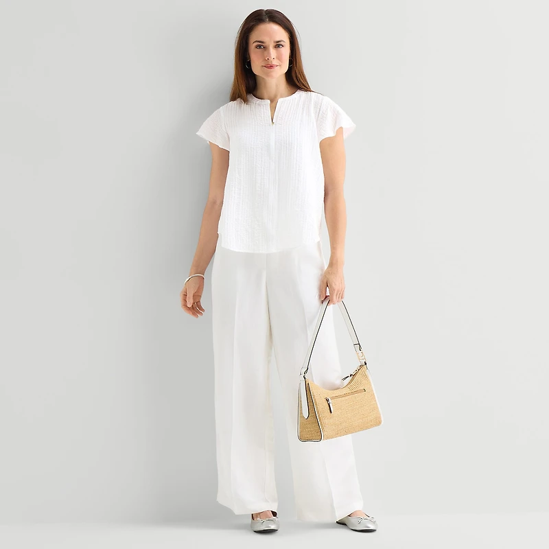 Liz Claiborne Womens Split Crew Neck Short Sleeve Blouse