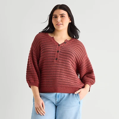 a.n.a Womens Plus Henley Neck 3/4 Sleeve Pullover Sweater