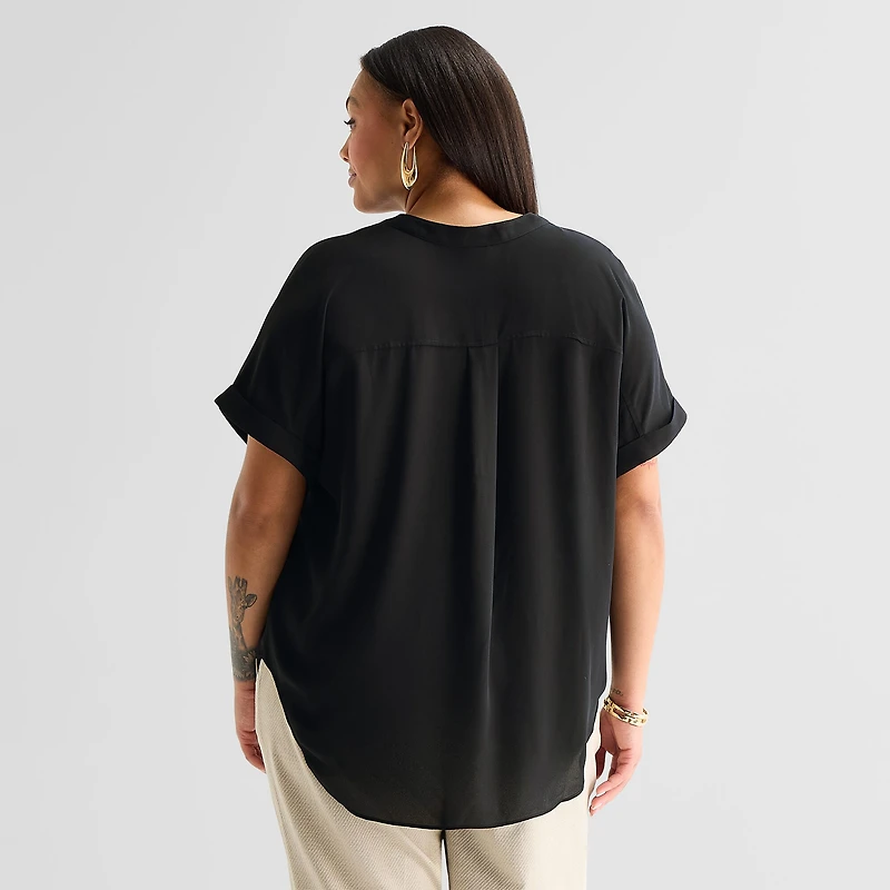 Worthington Womens Plus Henley Neck Short Sleeve Blouse