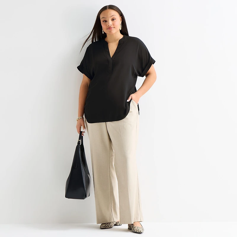 Worthington Womens Plus Henley Neck Short Sleeve Blouse