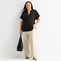 Worthington Womens Plus Henley Neck Short Sleeve Blouse