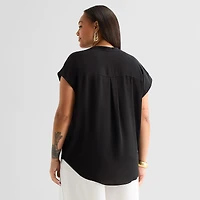 Worthington Womens Plus V Neck Short Sleeve Blouse