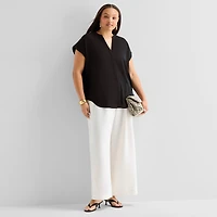 Worthington Womens Plus V Neck Short Sleeve Blouse