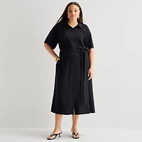 Worthington Plus Womens Short Sleeve Tie Belt Shirt Dress
