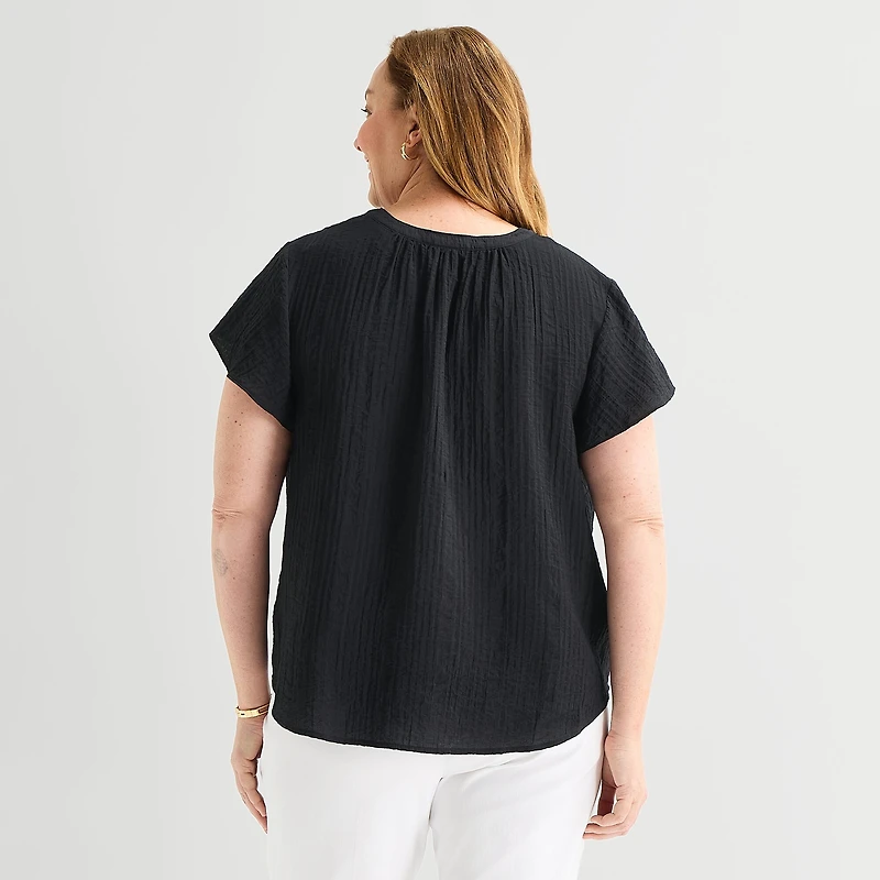 Liz Claiborne Womens Plus V Neck Short Sleeve Blouse