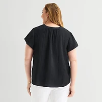 Liz Claiborne Womens Plus V Neck Short Sleeve Blouse