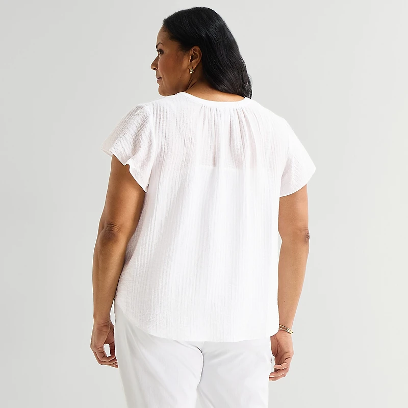 Liz Claiborne Womens Plus V Neck Short Sleeve Blouse