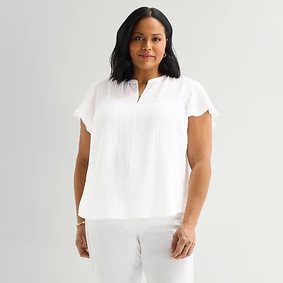 Liz Claiborne Womens Plus V Neck Short Sleeve Blouse