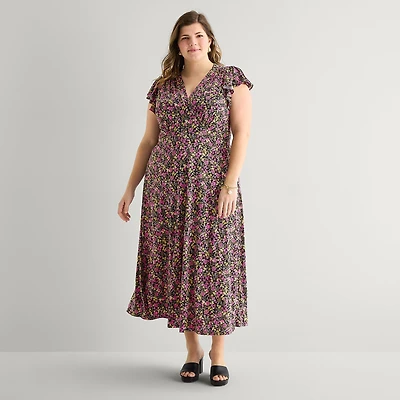 MSK Womens Plus V Neck Short Sleeve Flutter Maxi Dress