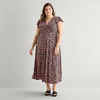 MSK Womens Plus V Neck Short Sleeve Flutter Maxi Dress