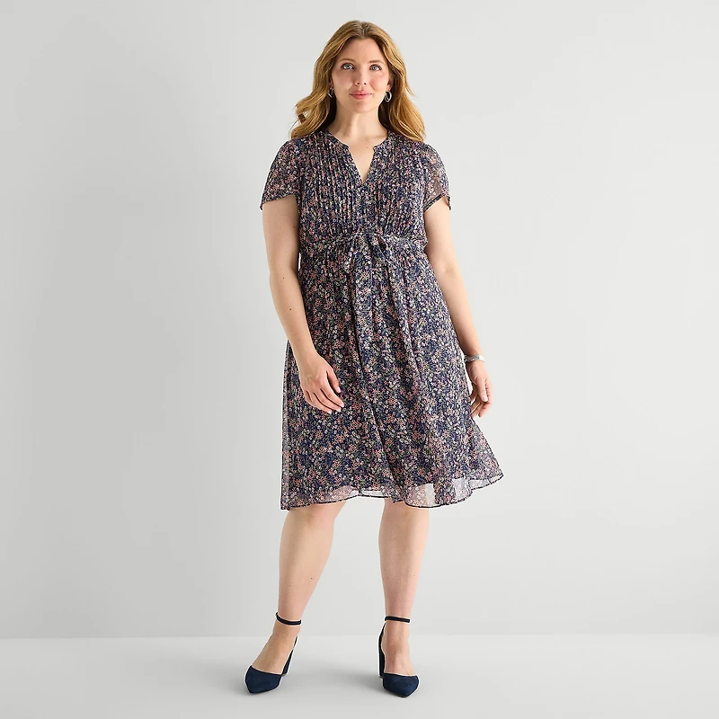 MSK Womens Plus Short Sleeve Floral Shirt Dress