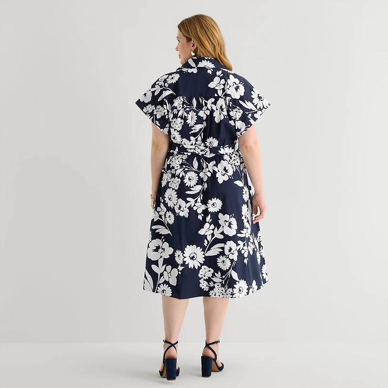52seven Womens Plus Midi Short Sleeve Fitted Floral Fit + Flare Dress