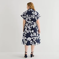 52seven Womens Plus Midi Short Sleeve Fitted Floral Fit + Flare Dress
