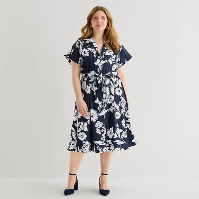 52seven Womens Plus Midi Short Sleeve Fitted Floral Fit + Flare Dress