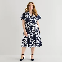 52seven Womens Plus Midi Short Sleeve Fitted Floral Fit + Flare Dress