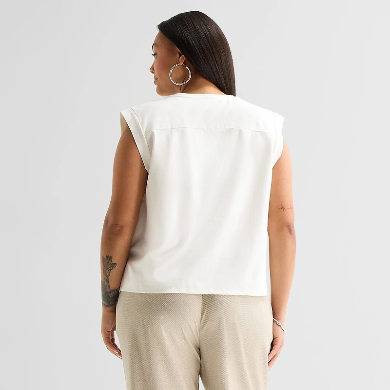 Worthington Womens Plus Crew Neck Sleeveless Blouse