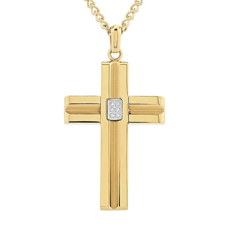 Mens 1/10 CT. T.W. White Cubic Zirconia Gold Ion Plated Stainless Steel Cross Pendant Necklace