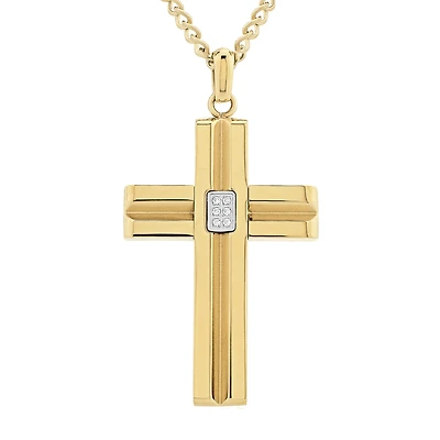 Mens 1/10 CT. T.W. White Cubic Zirconia Gold Ion Plated Stainless Steel Cross Pendant Necklace