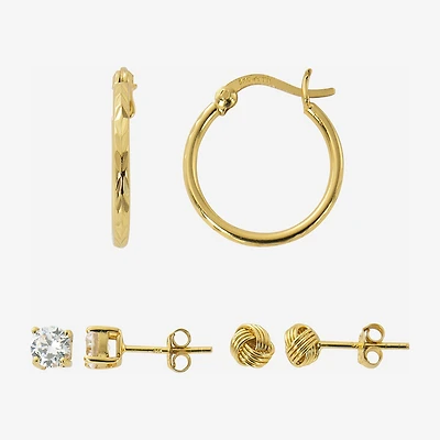 Womens Cubic Zirconia 24K Gold Over Silver 3 Pair Earring Set