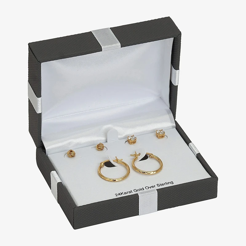 Womens Cubic Zirconia 24K Gold Over Silver 3 Pair Earring Set