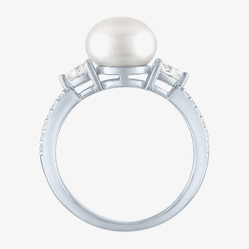 Womens 9-9.5MM White Cultured Freshwater Pearl Sterling Silver Round Side Stone Cocktail Ring