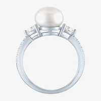 Womens 9-9.5MM White Cultured Freshwater Pearl Sterling Silver Round Side Stone Cocktail Ring