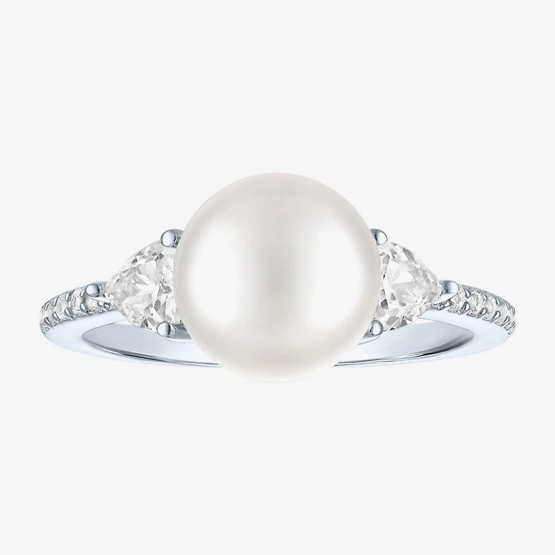 Womens 9-9.5MM White Cultured Freshwater Pearl Sterling Silver Round Side Stone Cocktail Ring