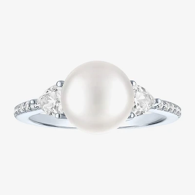 Womens 9-9.5MM White Cultured Freshwater Pearl Sterling Silver Round Side Stone Cocktail Ring