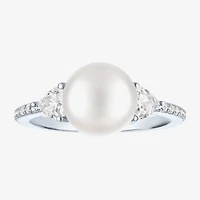 Womens 9-9.5MM White Cultured Freshwater Pearl Sterling Silver Round Side Stone Cocktail Ring