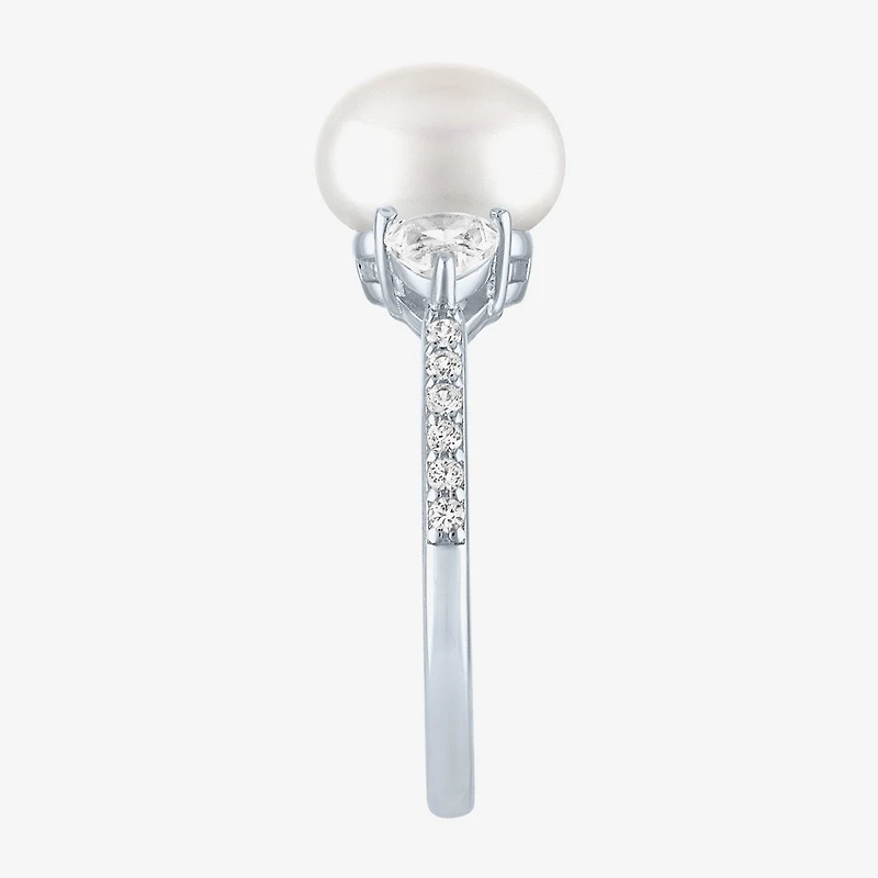 Womens 9-9.5MM White Cultured Freshwater Pearl Sterling Silver Round Side Stone Cocktail Ring