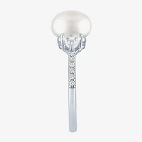 Womens 9-9.5MM White Cultured Freshwater Pearl Sterling Silver Round Side Stone Cocktail Ring