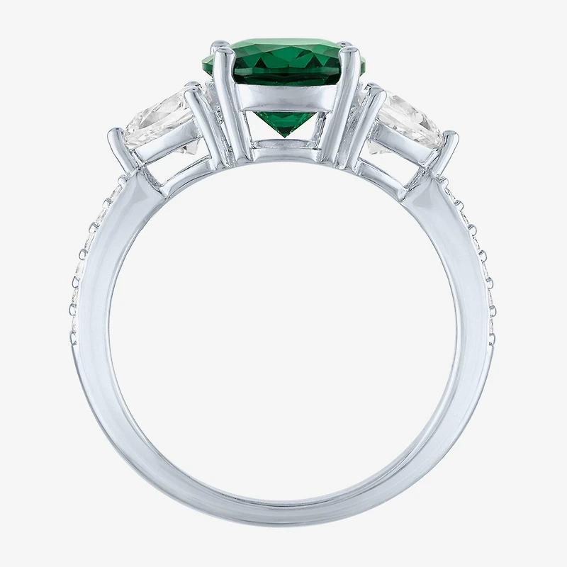 Womens Simulated Green Emerald Sterling Silver Oval Side Stone Cocktail Ring