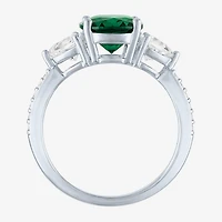 Womens Simulated Green Emerald Sterling Silver Oval Side Stone Cocktail Ring