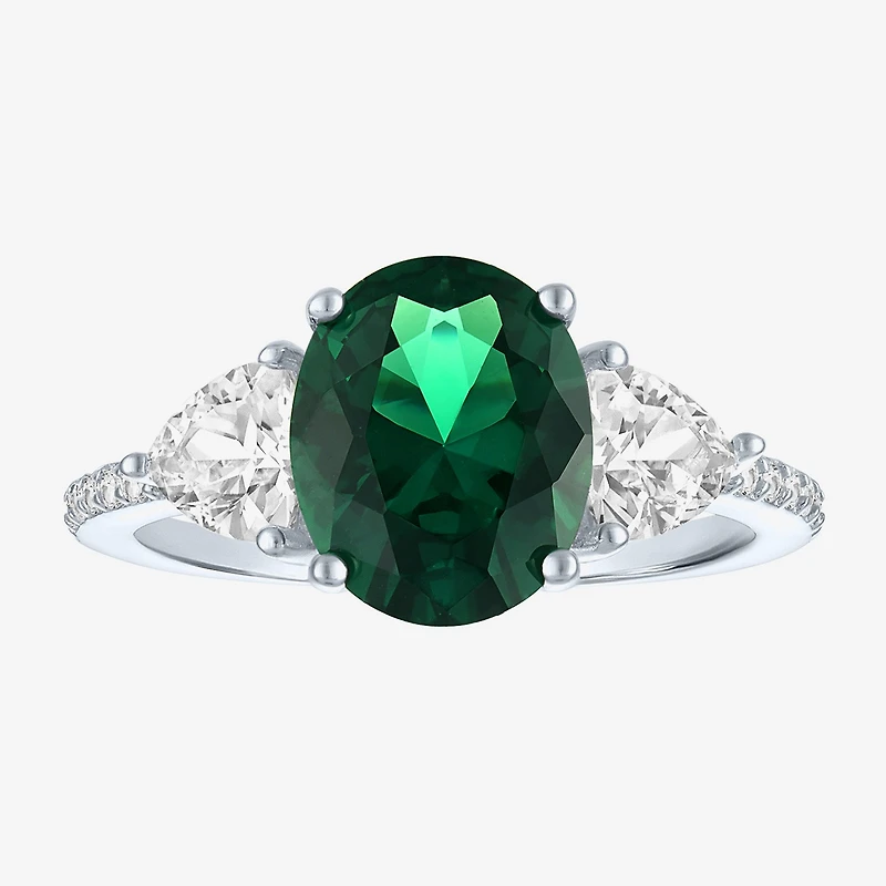 Womens Simulated Green Emerald Sterling Silver Oval Side Stone Cocktail Ring