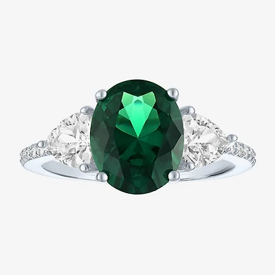 Womens Simulated Green Emerald Sterling Silver Oval Side Stone Cocktail Ring