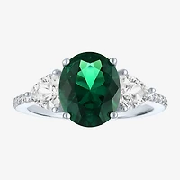 Womens Simulated Green Emerald Sterling Silver Oval Side Stone Cocktail Ring