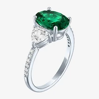 Womens Simulated Green Emerald Sterling Silver Oval Side Stone Cocktail Ring