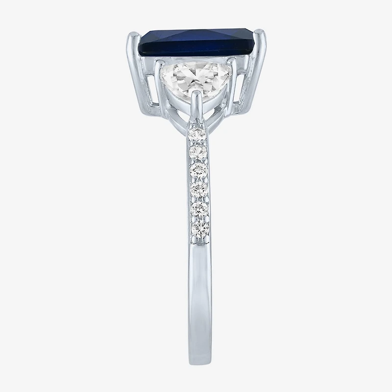 Womens Lab Created Blue Sapphire Sterling Silver Side Stone Cocktail Ring