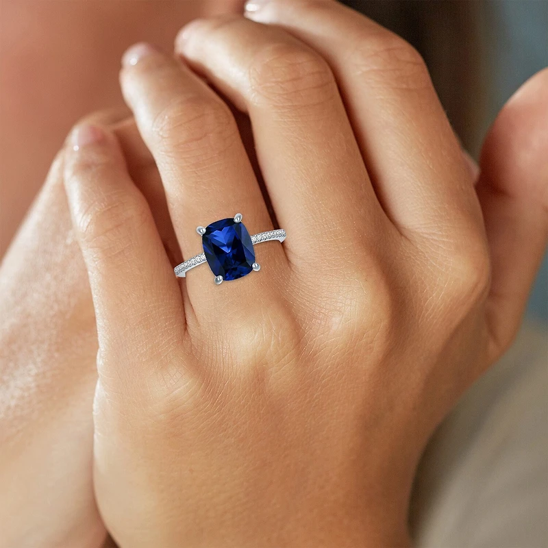 Womens Gemstone & 1/5 CT. T.W. Lab-Grown Diamonds 14K Gold Over Silver Sterling Cushion Side Stone Cocktail Ring