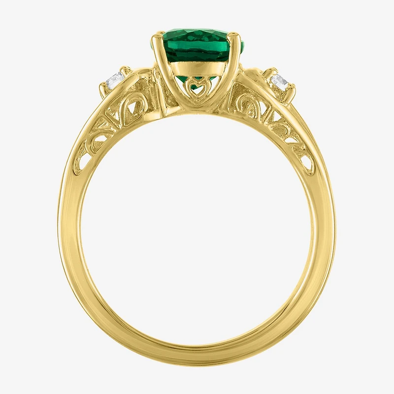 Womens 1/8 CT. T.W. Lab Created Green Emerald 14K Gold Over Silver Oval 3-Stone Cocktail Ring