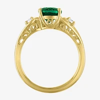 Womens 1/8 CT. T.W. Lab Created Green Emerald 14K Gold Over Silver Oval 3-Stone Cocktail Ring