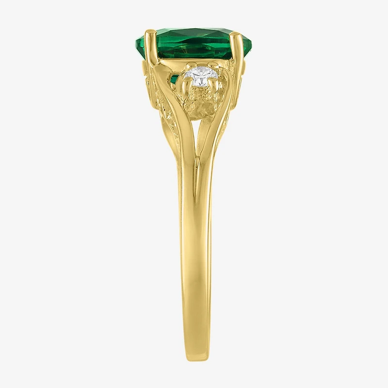 Womens 1/8 CT. T.W. Lab Created Green Emerald 14K Gold Over Silver Oval 3-Stone Cocktail Ring