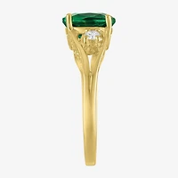 Womens 1/8 CT. T.W. Lab Created Green Emerald 14K Gold Over Silver Oval 3-Stone Cocktail Ring