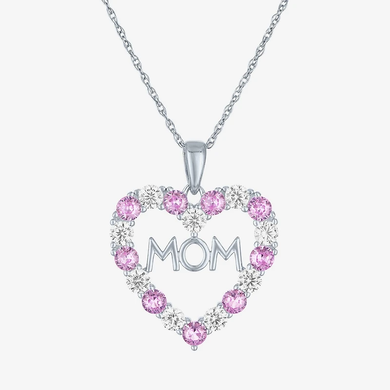 "Mom" Womens Lab Created Pink Sapphire Sterling Silver Heart 16 Inch Pendant Necklace