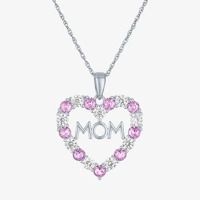 "Mom" Womens Lab Created Pink Sapphire Sterling Silver Heart 16 Inch Pendant Necklace