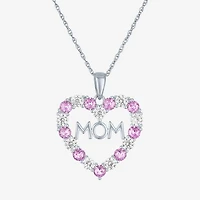 "Mom" Womens Lab Created Pink Sapphire Sterling Silver Heart 16 Inch Pendant Necklace