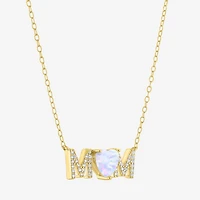 "Mom" Womens Lab Created White Opal 14K Gold Over Silver Sterling Silver Heart Round 16 Inch Pendant Necklace