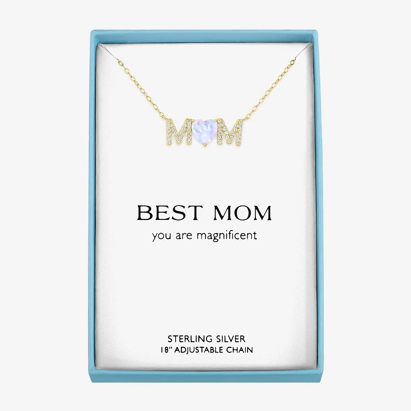 "Mom" Womens Lab Created White Opal 14K Gold Over Silver Sterling Silver Heart Round 16 Inch Pendant Necklace