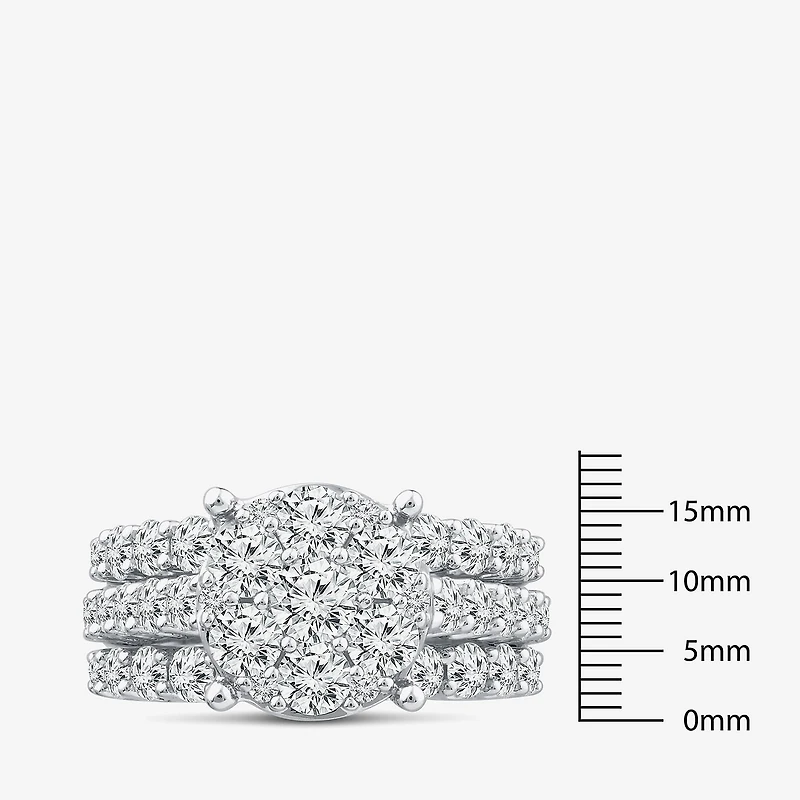 (G / Si1-Si2) Womens 4 CT. T.W. Lab Grown White Diamond 10K Gold Round Side Stone Halo Bridal Set