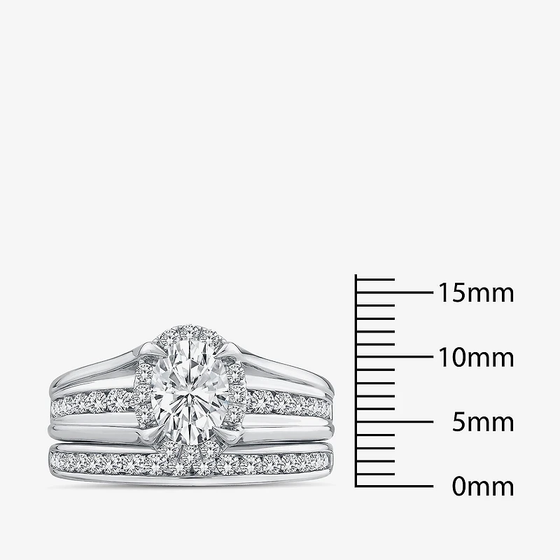 (G / Si1-Si2) Womens 1 1/2 CT. T.W. Lab Grown White Diamond 10K Gold Oval Side Stone Halo Bridal Set